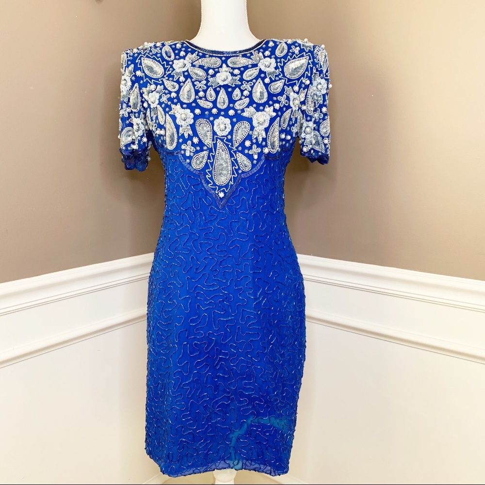 Vintage silk beaded sequined cocktail dress T0669